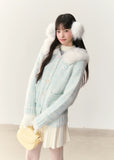 fresh ocean cardigan, blue white gradient knit, fur collar hooded cardigan, plush winter sweater, cozy fluffy hood jacket, soft fuzzy knitwear, umoumo winter collection, Korean girly cardigan, kawaii fur hood sweater, gradient plush cardigan, warm winter knit hoodie, fluffy collar cardigan, women’s soft knit jacket