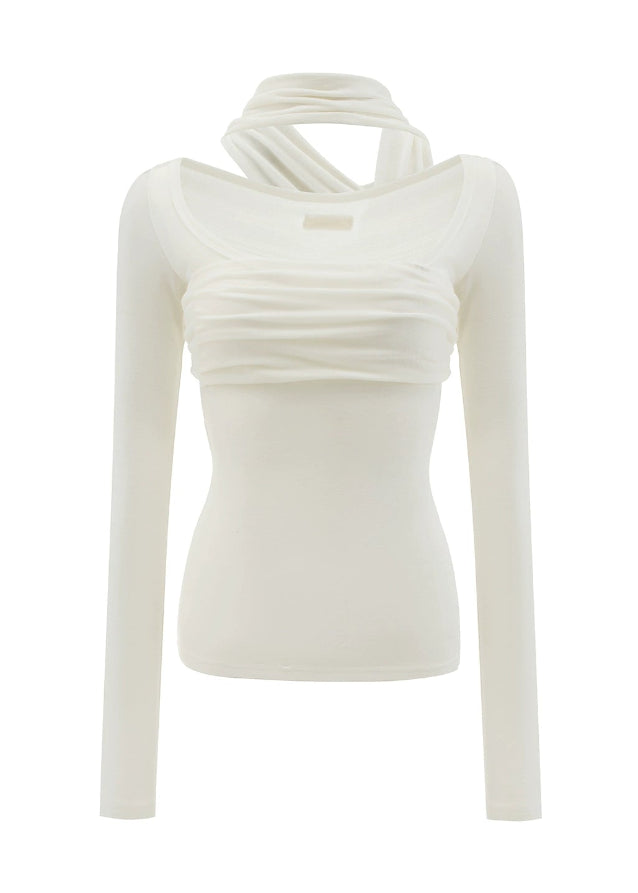 halter scarf top, integrated halterneck tee, 4muggle stylish top, pure desire long sleeve, slim knit T-shirt, trendy city girl outfit, gentle paper man top, chic halter long sleeve, Korean fashion long sleeve, stylish knit tee, modern street chic top, soft slim fit halter top, urban girl fashion, minimal chic long sleeve