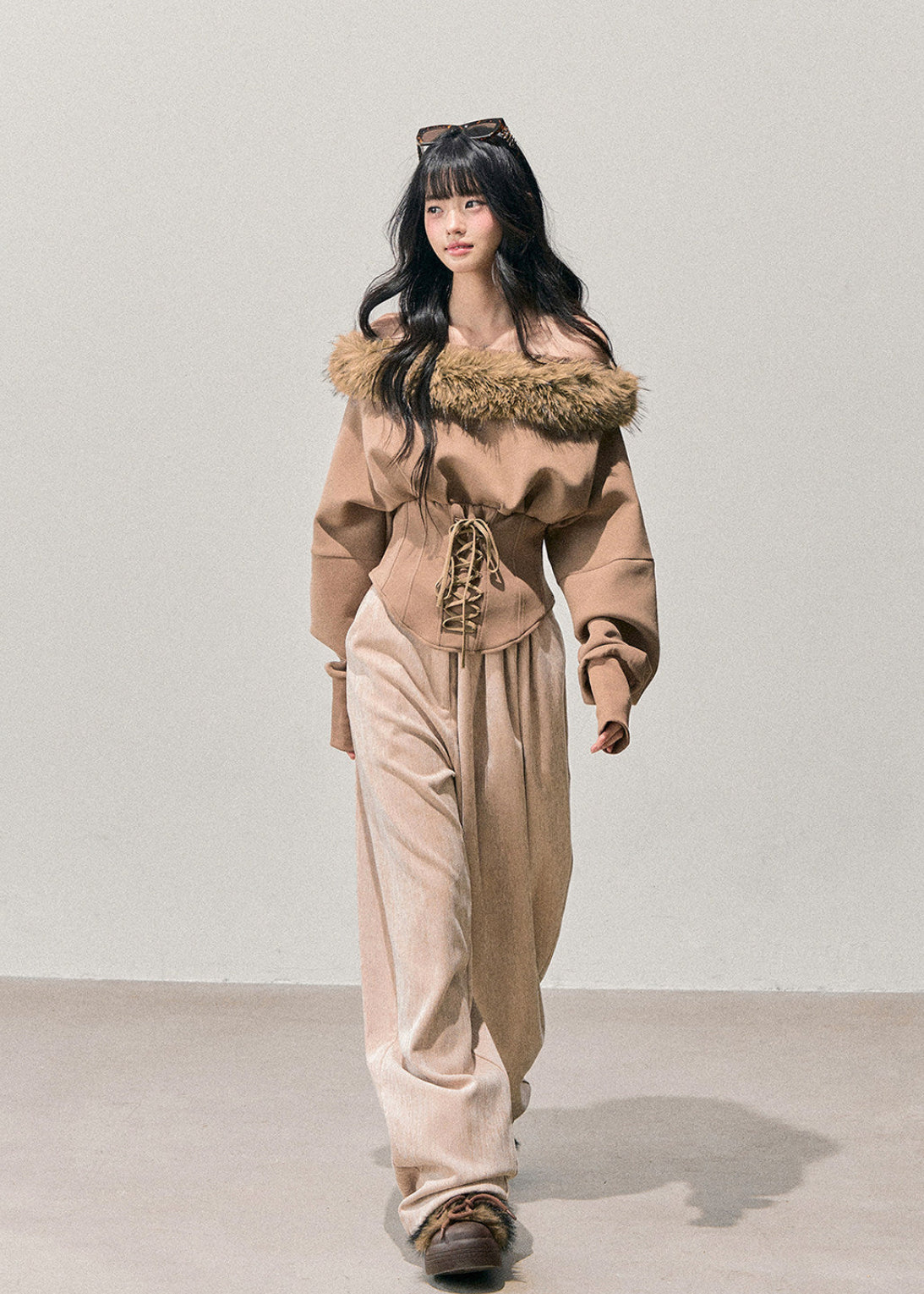 Korean feminine top, off shoulder knit top, winter plush top, fur trim sweater, waist slimming top, soft Korean style, women winter top, French inspired knitwear, cozy feminine top, elegant winter outfit, AOMALM top, faux fur trim shirt, romantic winter fashion, slim fit knit top, Korean aesthetic clothing, winter date outfit, soft girl style top, feminine corset top