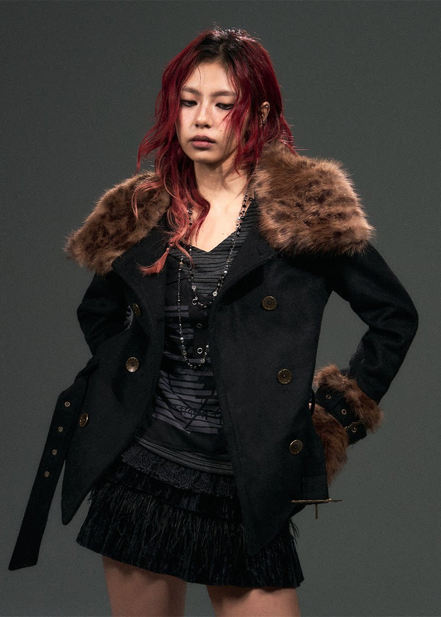 edgy tweed coat women, leopard fur collar jacket, punk vintage coat, double breasted short coat, alternative winter outerwear, dark street fashion coat, belted tweed jacket women, gothic winter coat, edgy women outerwear, frustration garden coat, statement winter jacket, punk luxury coat women, fur collar short coat, industrial fashion jacket, rebellious women coat