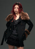 edgy tweed coat women, leopard fur collar jacket, punk vintage coat, double breasted short coat, alternative winter outerwear, dark street fashion coat, belted tweed jacket women, gothic winter coat, edgy women outerwear, frustration garden coat, statement winter jacket, punk luxury coat women, fur collar short coat, industrial fashion jacket, rebellious women coat