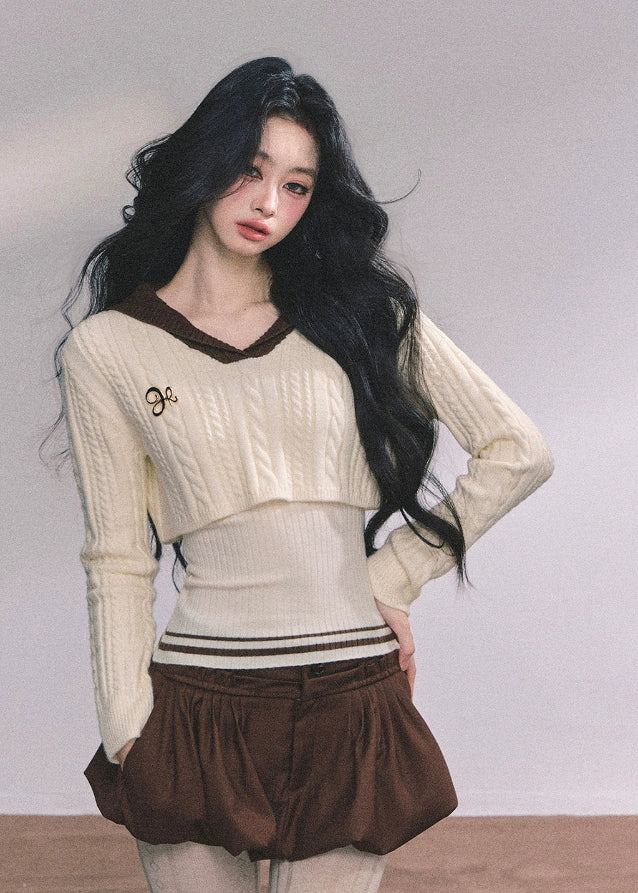 knitted sweater set, layered knit top, two-piece knit set, navy collar sweater, Korean fashion sweater, fall winter knit top, layered college style top, trendy knit outfit, Korean-American streetwear, women’s autumn knit set, chic layered sweater, cute fall outfit, preppy knit ensemble, elegant French knitwear, soft knitted long sleeve top
