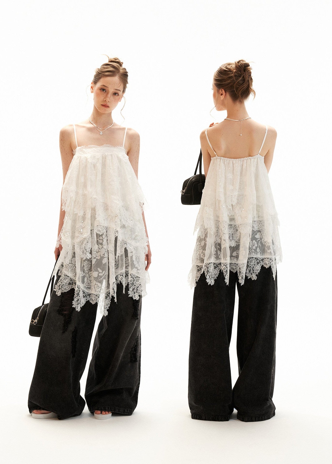 White tiered slip dress with a floaty layered silhouette