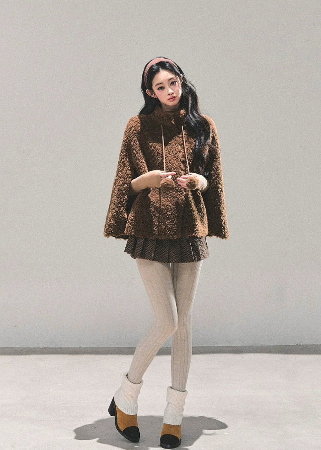 lamb wool cloak women, korean cape jacket, brown winter warm top, shearling cape coat, lambcore winter outerwear, mocha wool cloak, fw25 warm jacket women, poncho style winter coat, stand collar wool cape, cozy brown winter top
