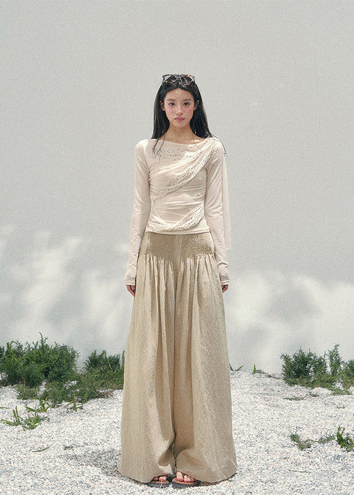 AOMALM sheer glitter knit top women, French romantic draped blouse, feminine translucent spring knitwear, Korean elegant slim fit top, quiet luxury romantic outfit, Parisian inspired shimmer knit top, delicate crystal detail blouse, romantic Korean French aesthetic clothing, lightweight spring sheer top women, refined luxury womenswear knit, soft feminine waist slimming blouse, elegant sparkling knit top women, luxury Korean designer inspired clothing