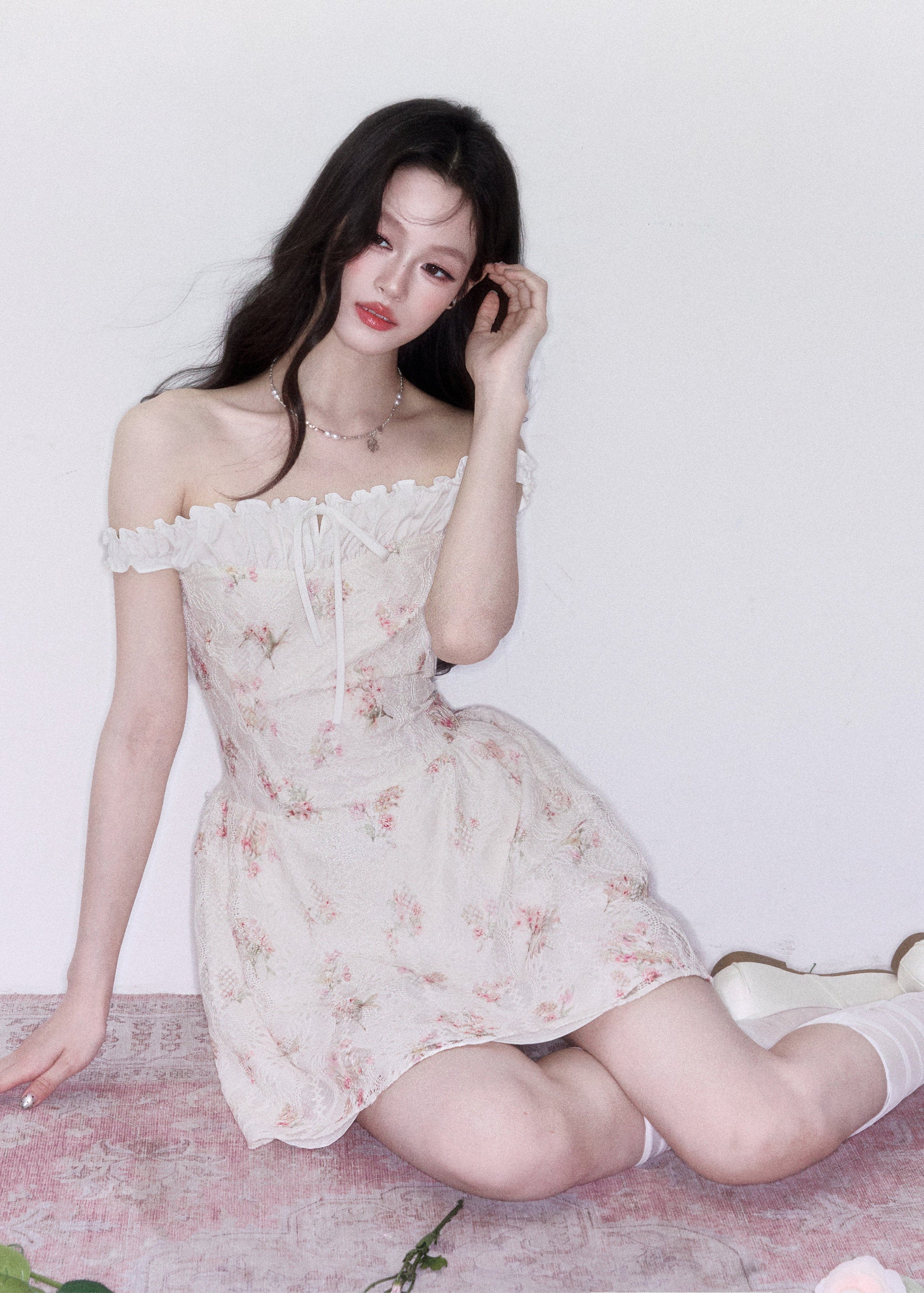 fragileheart dress, off shoulder floral dress, ivory mini dress, floral patchwork dress, korean feminine dress, romantic summer dress, vacation mini dress, soft girl dress, feminine floral dress, cream floral mini dress, summer date dress, korean vacation outfit