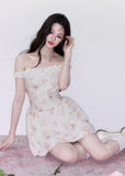 fragileheart dress, off shoulder floral dress, ivory mini dress, floral patchwork dress, korean feminine dress, romantic summer dress, vacation mini dress, soft girl dress, feminine floral dress, cream floral mini dress, summer date dress, korean vacation outfit