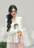 AOMALM polka dot lace twinset, French romantic spring layered top, feminine polka blouse women, Korean elegant two piece knit set, quiet luxury romantic outfit, Parisian inspired lace polka top, delicate peplum spring blouse, romantic Korean French aesthetic clothing, soft feminine spring cardigan set, refined luxury womenswear twinset, lightweight lace layered shirt women, elegant pastel romantic outfit, luxury Korean designer inspired clothing, feminine polka dot blouse women