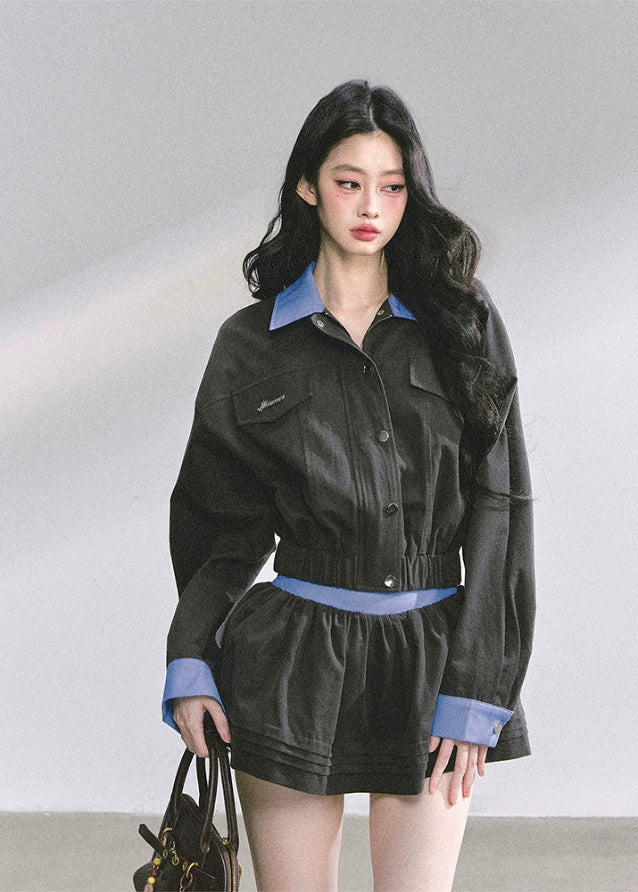 korean cargo skirt set women, hepburn style two piece set, korean fashion autumn suit, utility jacket mini skirt outfit, seoul street style set, french inspired outfit women, chic korean jacket skirt, black cargo jacket women, korean preppy style outfit, modern elegant korean fashion, hepburn mini skirt set, high end autumn women set, korean two piece skirt set, cargo chic streetwear women, korean hot girl outfit fall