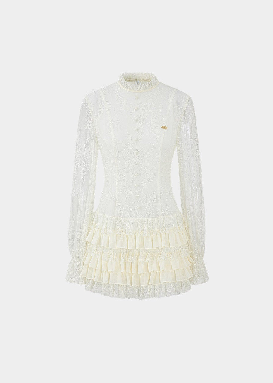 lace chiffon dress, romantic midi dress, ivory lace dress, korean fashion dress, chiffon layered dress, feminine spring dress, elegant lace dress women, soft girl aesthetic dress, high neck lace dress, sheer sleeve dress, parisian romantic style, flowy chiffon dress, tiered midi dress, delicate lace outfit, refined feminine clothing, lightweight spring dress, graceful silhouette dress, aesthetic fashion dress, modern romantic wear, elegant everyday dress