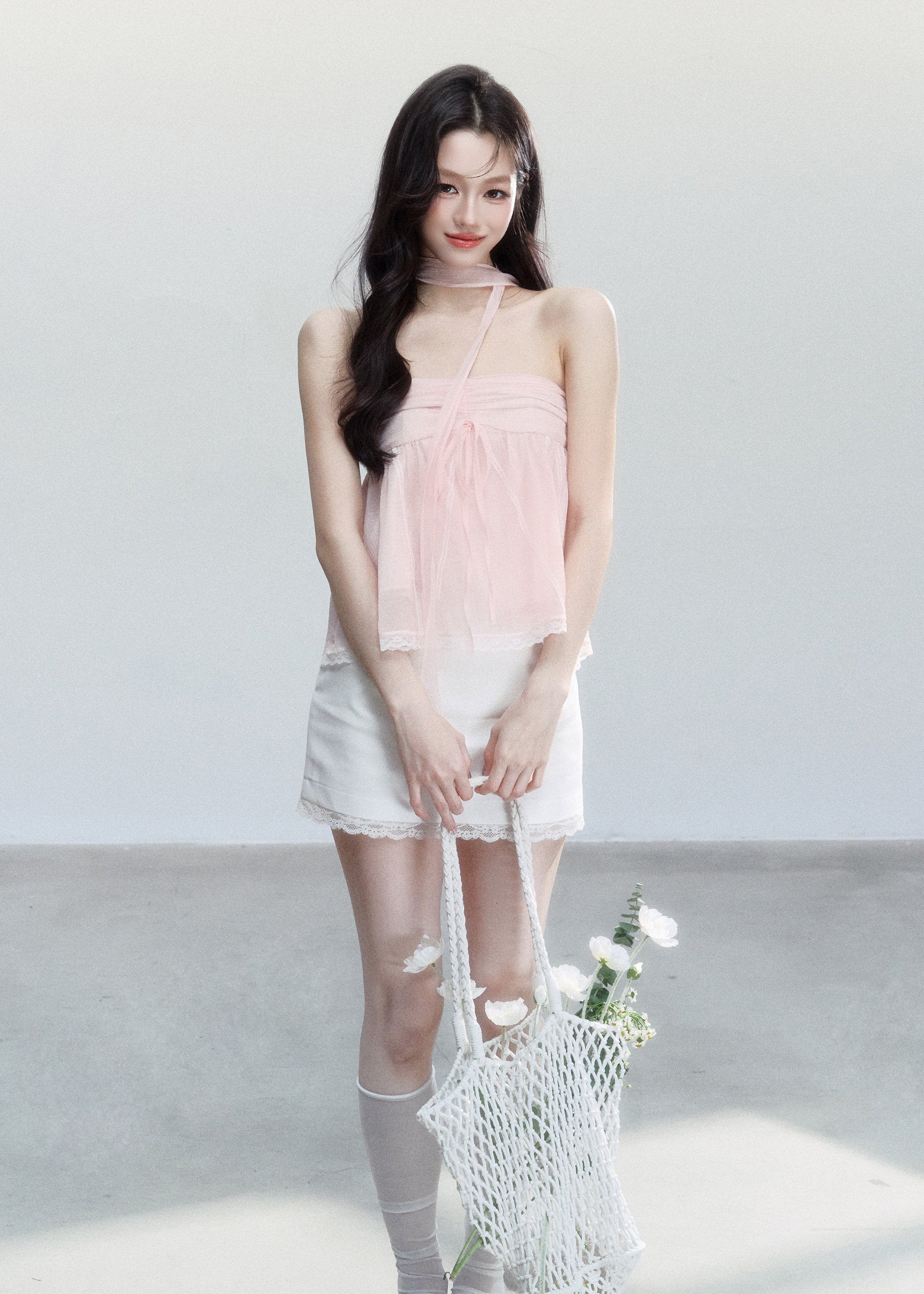fragileheart top, halter babydoll top, pink halter top, sheer korean top, feminine summer cami, sweet spicy top, bandeau style top, lace hem cami, blush camisole top, korean romantic top, lightweight summer top, soft girl halter top