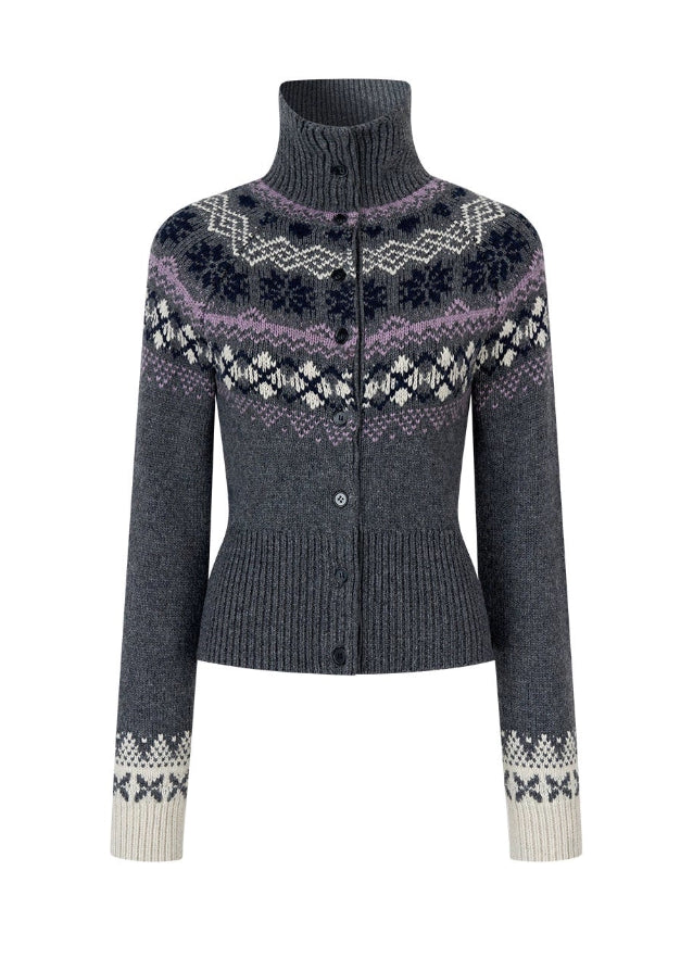 VIAPITTI turtleneck knit jacket, Fair Isle zip cardigan, heavy wool winter sweater, edgy Korean fashion, autumn winter knitwear, Nordic pattern turtleneck, industrial street style, warm wool jacket women, K-fashion 2025, thick knit cardigan, winter streetwear outfit, patterned zip sweater, urban cold-season clothing
