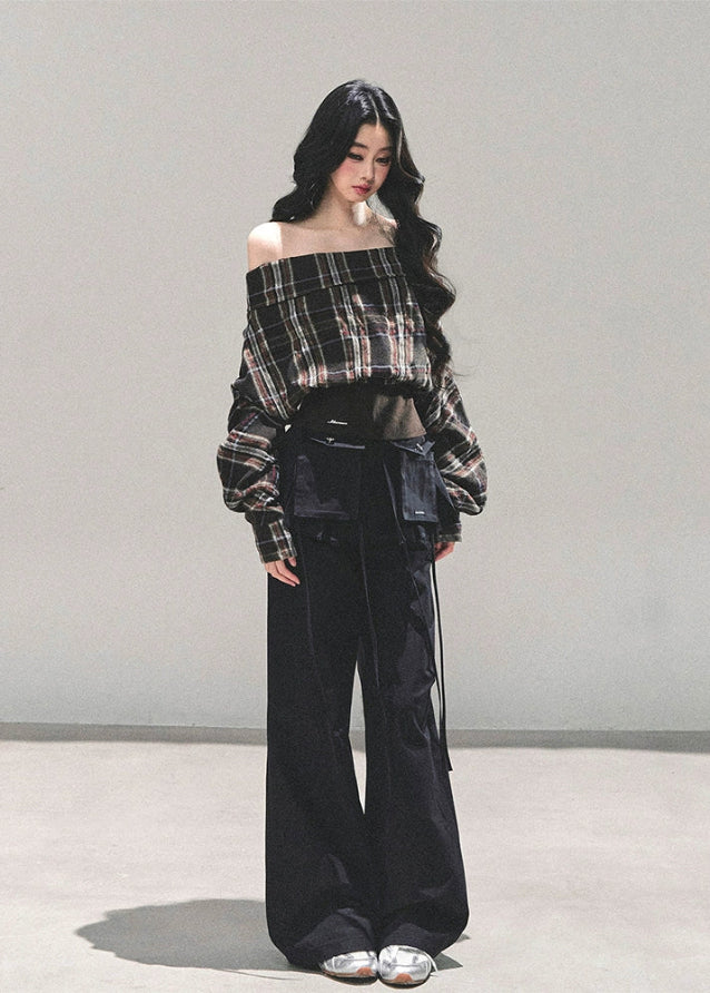 off shoulder plaid top, one shoulder shirt women, american plaid crop top, winter plaid long sleeve, slim fit check top, grunge plaid shirt women, fw25 plaid fashion, off shoulder winter blouse, rustic plaid crop top
