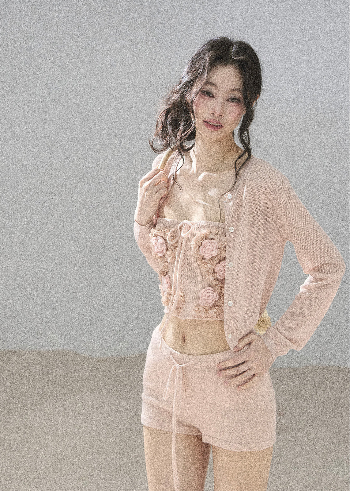 aomalm set, three piece set women, floral bandeau set, korean summer set, olive green co ord, french feminine outfit, 3d floral top, cardigan and shorts set, resort outfit women, romantic summer set, knit shorts set, feminine korean fashion