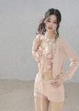 aomalm set, three piece summer set, floral bandeau top, korean feminine set, cardigan shorts set, 3d floral top, french summer outfit, pink knit set, resort three piece set, feminine korean fashion, summer shorts outfit, romantic floral set