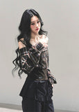off shoulder plaid top, one shoulder shirt women, american plaid crop top, winter plaid long sleeve, slim fit check top, grunge plaid shirt women, fw25 plaid fashion, off shoulder winter blouse, rustic plaid crop top
