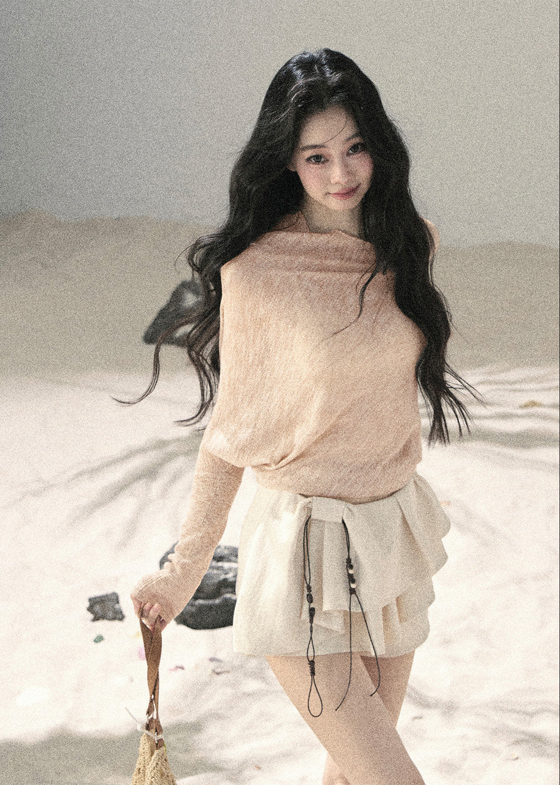 aomalm top, sheer off shoulder top, sunscreen cover up top, korean feminine top, loose summer top, translucent cover up, hazy fog top, pure desire top, asymmetric sleeve top, summer layering top, feminine korean fashion, resort cover up blouse