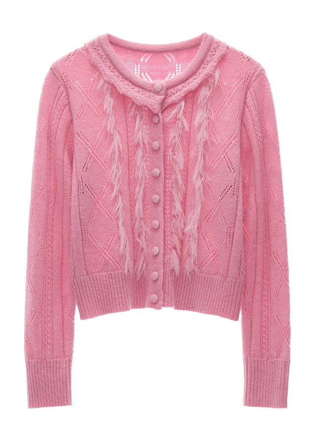 ruffle neck knit cardigan, hollow knit sweater women, fall 2025 knit cardigan, gentle feminine knitwear, korean soft street fashion, long sleeve ruffle sweater, romantic fall cardigan women, casual elegant knit jacket, nowa tokyo feminine knit top
