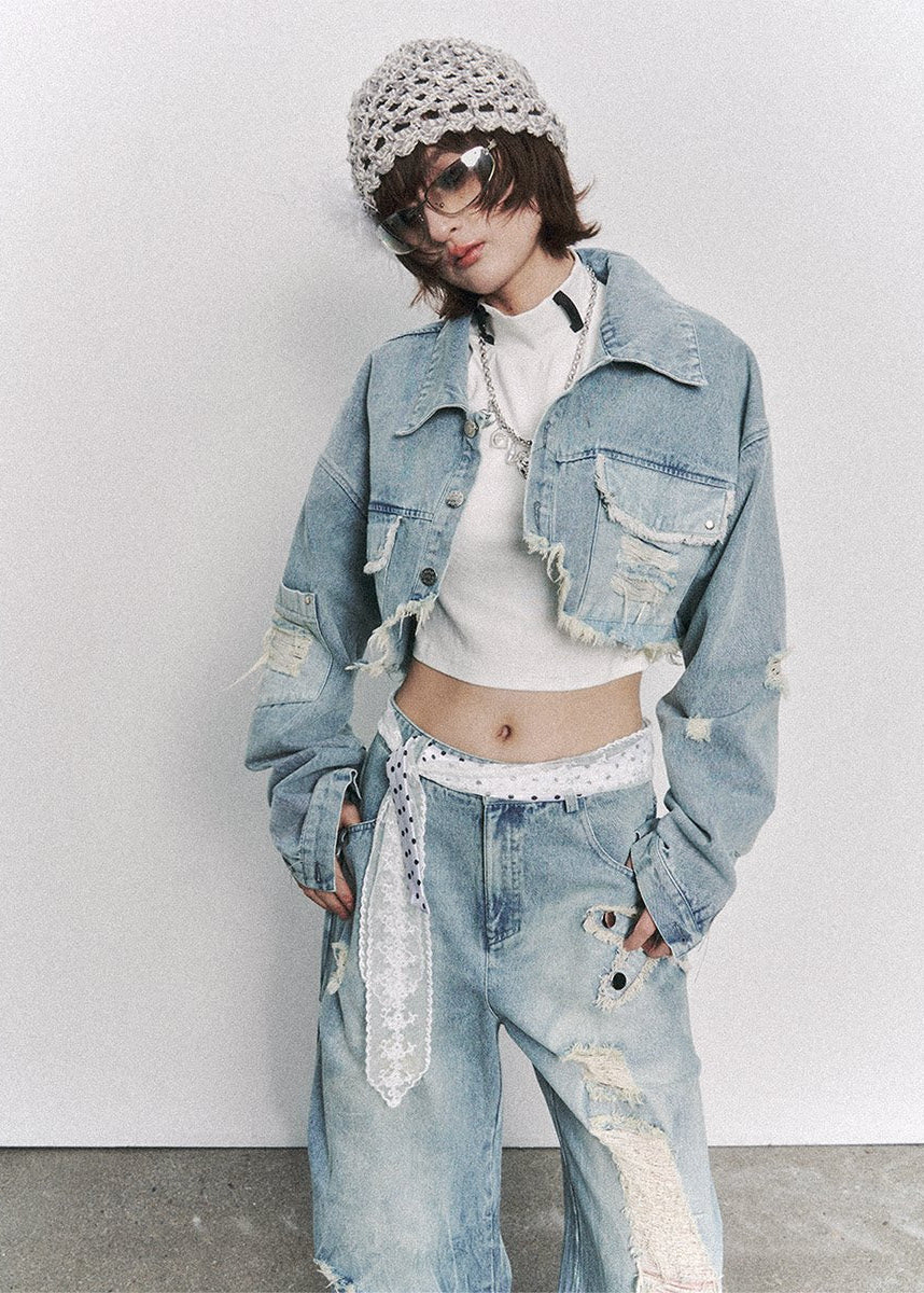 cropped denim jacket women, distressed denim jacket, grunge outfit women, edgy outfit women, street style jacket, punk style clothing, y2k edgy outfit, alternative fashion women, cropped jean jacket, raw edge denim jacket, urban streetwear women, vintage washed jacket, short denim jacket women, rebellious fashion outfit, underground fashion women, statement denim jacket, casual street outfit, modern grunge style, edgy streetwear women, distressed cropped jacket