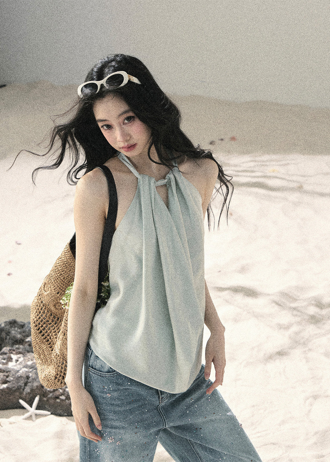 aomalm top, halter top women, draped halter blouse, backless summer top, french style halter top, feminine korean top, silk feel sleeveless top, elegant summer blouse, cowl halter top, light sage top