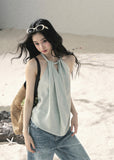 aomalm top, halter top women, draped halter blouse, backless summer top, french style halter top, feminine korean top, silk feel sleeveless top, elegant summer blouse, cowl halter top, light sage top