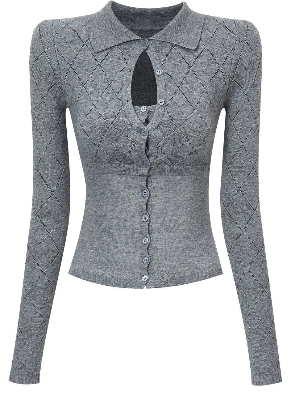 Heather grey vintage-inspired knit top with collar and keyhole detail