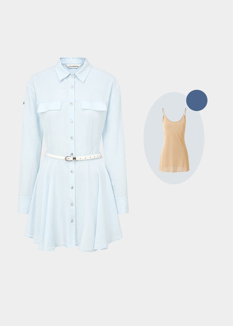 belted shirt dress, French shirt dress, lyocell linen dress, A-line mini dress, feminine Korean dress, button front dress, summer shirt dress, light blue dress, white shirt dress, waist cinching dress, elegant casual dress, vacation dress women, café date dress, soft summer dress, Korean feminine fashion