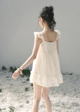 aomalm dress, white lace mini dress, french doll dress, flutter sleeve dress, korean feminine dress, summer lace dress, romantic white dress, button front mini dress, lace trim dress, feminine summer dress, doll mini dress, soft white vacation dress