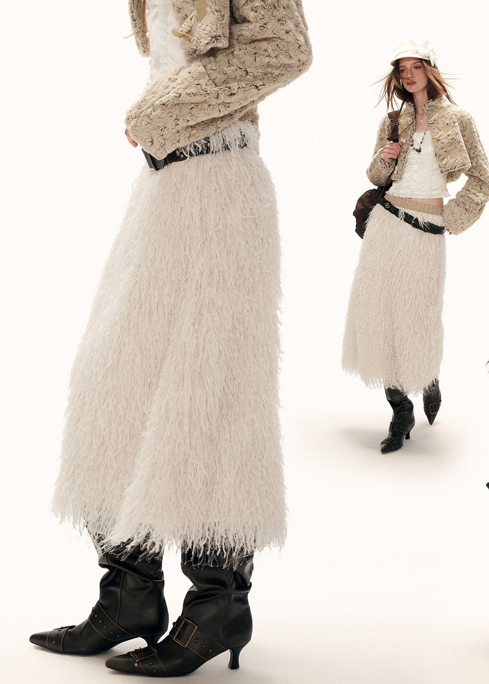 fringe midi skirt women, feather texture skirt, y2k statement skirt, high fashion winter skirt, textured white skirt women, street style midi skirt, trendy fringe skirt, premium women skirt, modern street skirt, mamc skirt style, 3d fringe skirt, fashion midi skirt women, elegant statement skirt, winter fashion skirt, y2k streetwear skirt