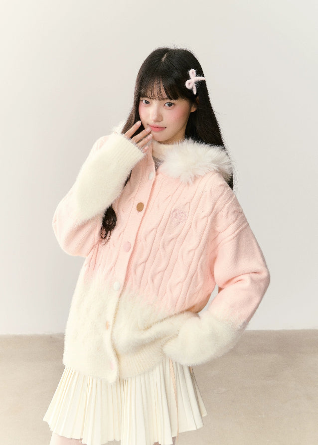 pastel fur collar cardigan, fluffy collar knit jacket, gradient cable knit cardigan, Korean girly winter style, AW cozy knitwear, high-gram thick knit, umoumo pastel cardigan, soft glutinous knit texture, warm fluffy sweater, Korean cute outfit, feminine winter knit coat, pastel pink knit, pastel yellow knit, soft cozy winter fashion, Fragileheart aesthetic, cute cable knit jacket, faux fur hood cardigan, girly Korean pastel look, warm thick winter cardigan