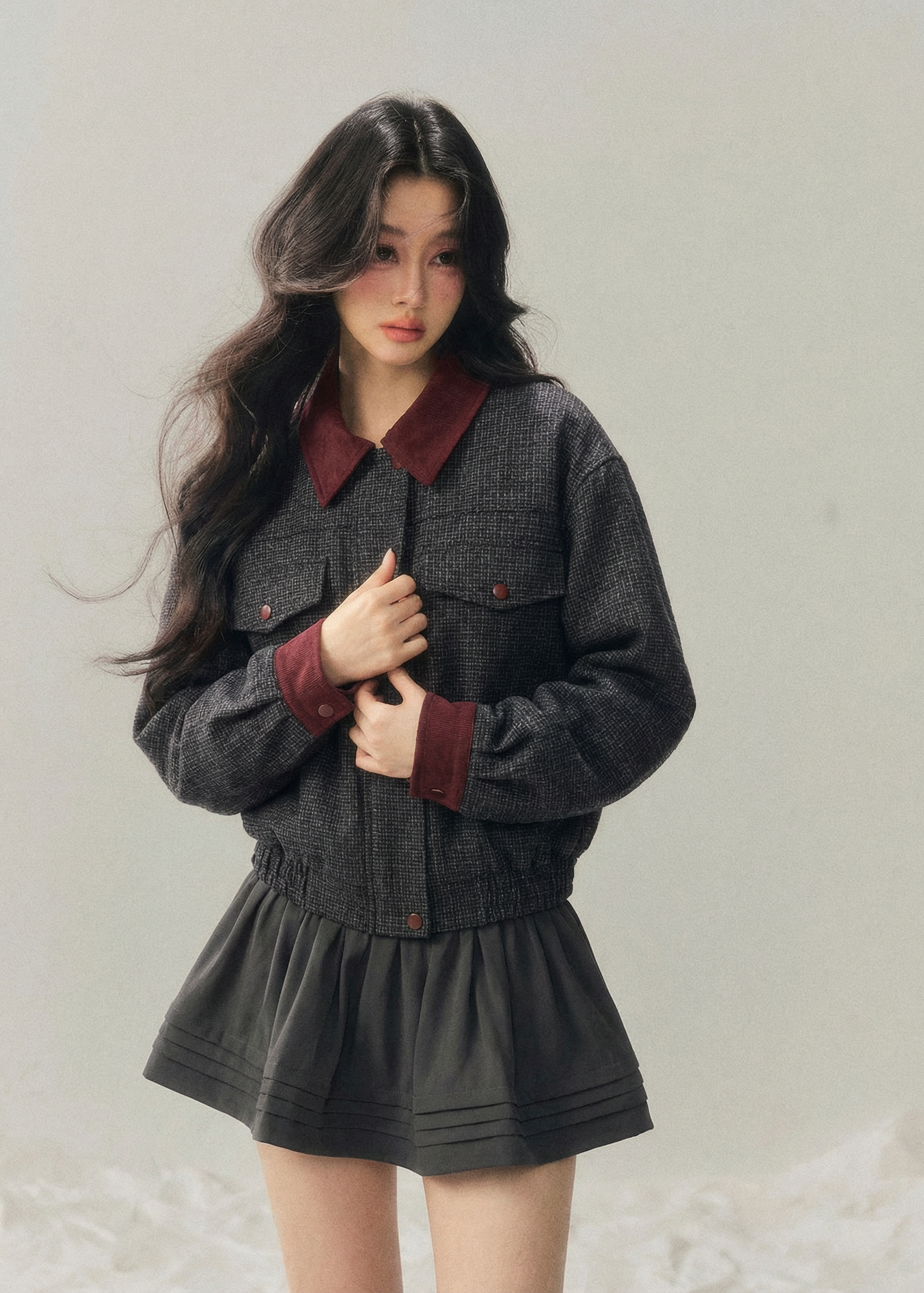 AOMALM wool set, Hepburn style two piece, Korean winter outfit women, wool jacket skirt set, feminine wool suit, brown winter set women, vintage inspired wool outfit, Korean aesthetic winter wear