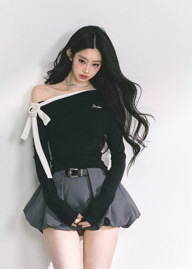 korean off shoulder ribbon top, korean hot girl long sleeve shirt, seoul street fashion top women, korean sexy slim fit long sleeve, off shoulder tie top women, korean modern chic top, korean autumn off shoulder blouse, kfashion minimalist street top, korean elegant bow top, seoul inspired off shoulder outfit, hot girl shoulder tie design, korean feminine streetwear, off shoulder stylish korean shirt, trendy long sleeve fall top, korean fashion black white slim top