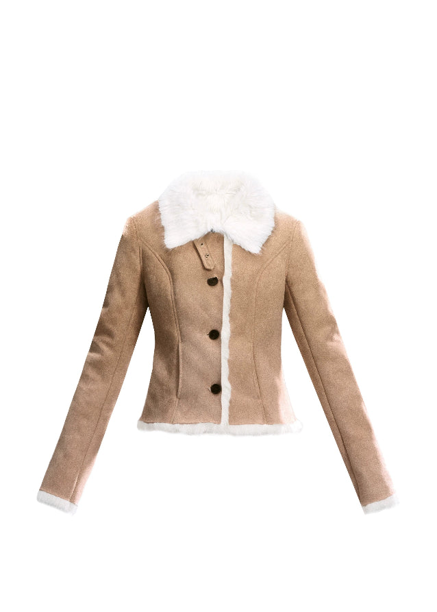 Fragileheart suede coat, faux fur jacket, winter Korean fashion, luxury feminine outerwear, plush shearling coat, quiet luxury womenswear, pastel noir aesthetic, elegant winter outfit, soft beige jacket, warm faux suede coat, K-fashion 2025, cozy luxury fashion, refined feminine look, modern winter style
