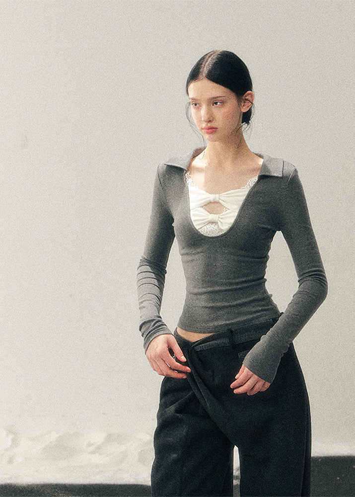 lace bow top, feminine knit top, korean style long sleeve top, slim fit women top, winter lace shirt, sexy knit top women, soft feminine top, korean fashion women, long sleeve knit shirt, elegant lace top, autumn winter women top, bodycon knit top, romantic lace blouse, layered winter top, aesthetic korean outfit, womens fashion knitwear