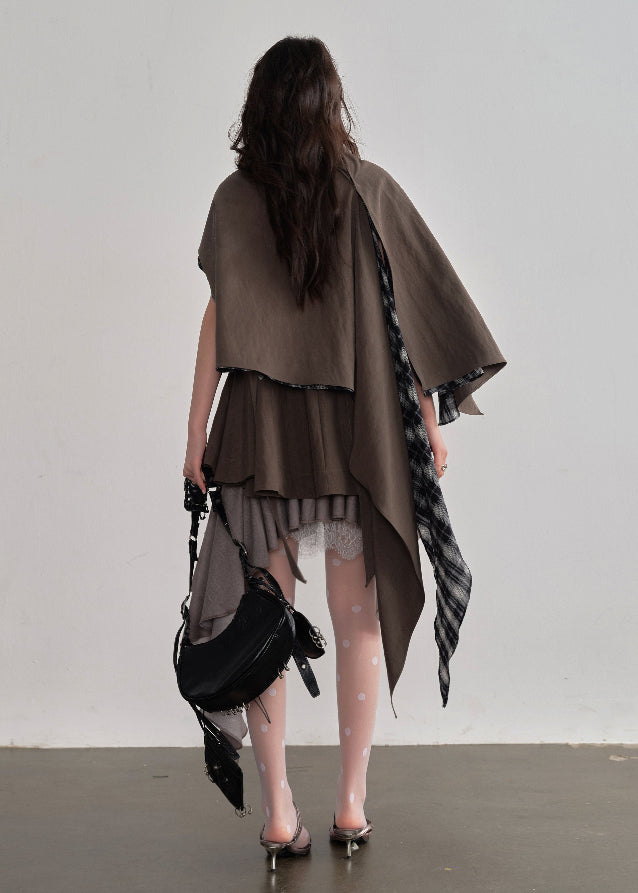 JNYLON detachable cape sundress women, Korean stylish earth tone dress, modern Korean fashion layered dress, chic natural style sundress women, trendy Korean street chic outfit, playful layered earth color dress, lightweight Korean fashion sundress, urban fashion cape dress women, stylish Korean aesthetic sundress, fashionable natural style dress women