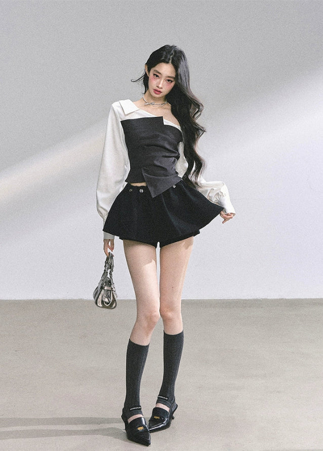 korean two tone blouse, asymmetric off shoulder shirt, french long sleeve top women, korean fashion contrast blouse, slim waist shirt women, korean autumn outfit top, elegant commuter top, kfashion two color blouse, trendy korean streetwear 2025, seoul chic long sleeve, black and white asymmetric top, korean office style top, elegant korean fashion, hepburn style top, contrast panel shirt women