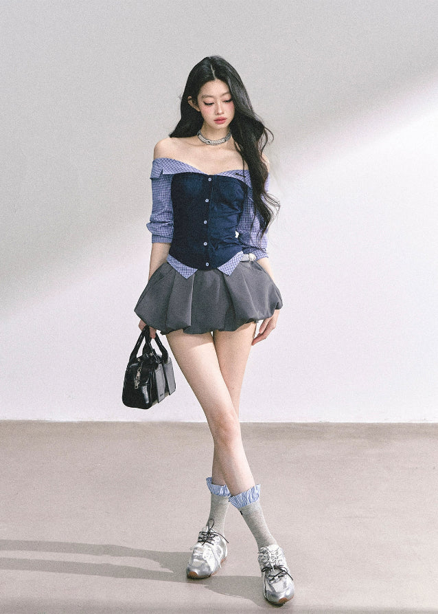 off shoulder corset top, fake two piece top, women’s bustier shirt, korean off shoulder blouse, korean american fashion top, summer corset blouse, slimming waist top, plaid corset shirt, girl group style top, kpop inspired top, trendy streetwear women, off shoulder long sleeve top, sculpted waist blouse, sexy summer top women, stylish two tone top
