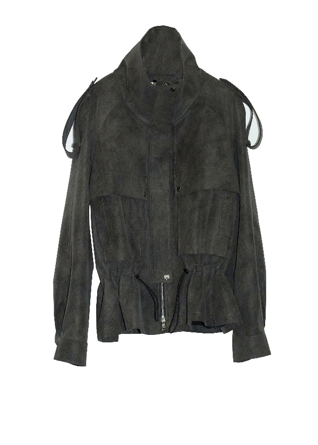 korean cargo jacket women, distressed pu leather jacket, matte faux leather outerwear, nomadic style jacket, jnylon cargo jacket, streetwear utility jacket women, oversized pu jacket, deconstructed jacket women, cargo pocket faux leather coat, grunge korean jacket, urban explorer jacket, drawstring utility outerwear
