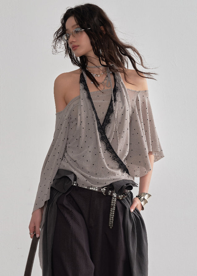 JNYLON halter shawl top women, Korean stylish asymmetric blouse, retro romantic polka dot top, modern Korean fashion halter top, chic draped shawl sleeve blouse, trendy Korean street chic outfit, lightweight chiffon halter blouse women, stylish layered halter top Korean style, urban fashion shawl sleeve top, fashionable Korean asymmetric blouse