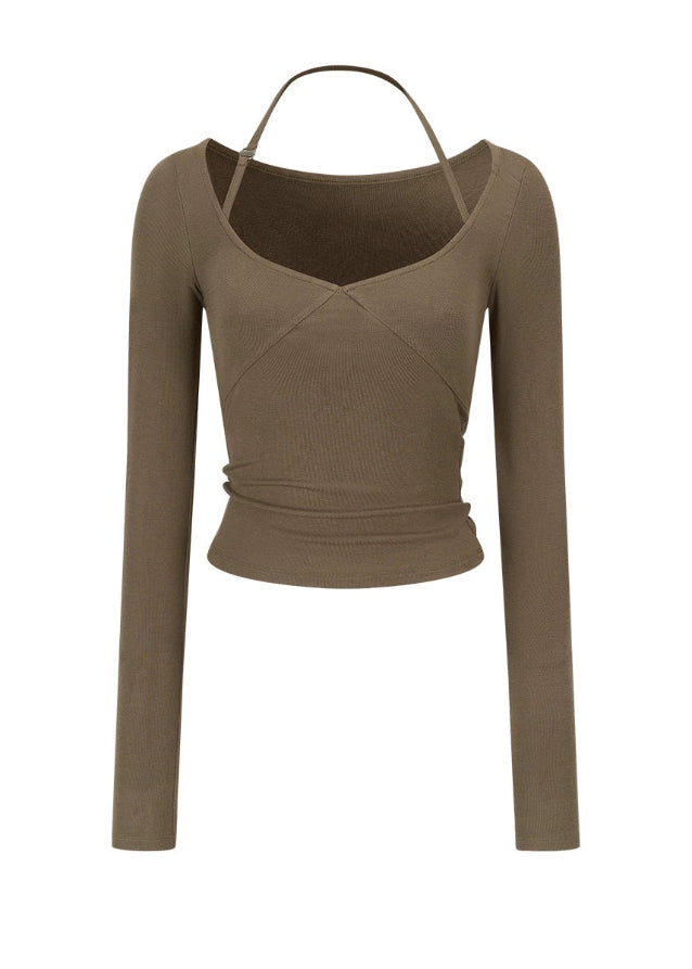 VIA PITTI halterneck top, modal long sleeve top, Y2K slim fit tee, street style halter shirt, autumn winter modal top, soft stretch long sleeve, sexy halterneck women’s top, Korean Y2K top, VIA PITTI strap top, basic stylish modal tee