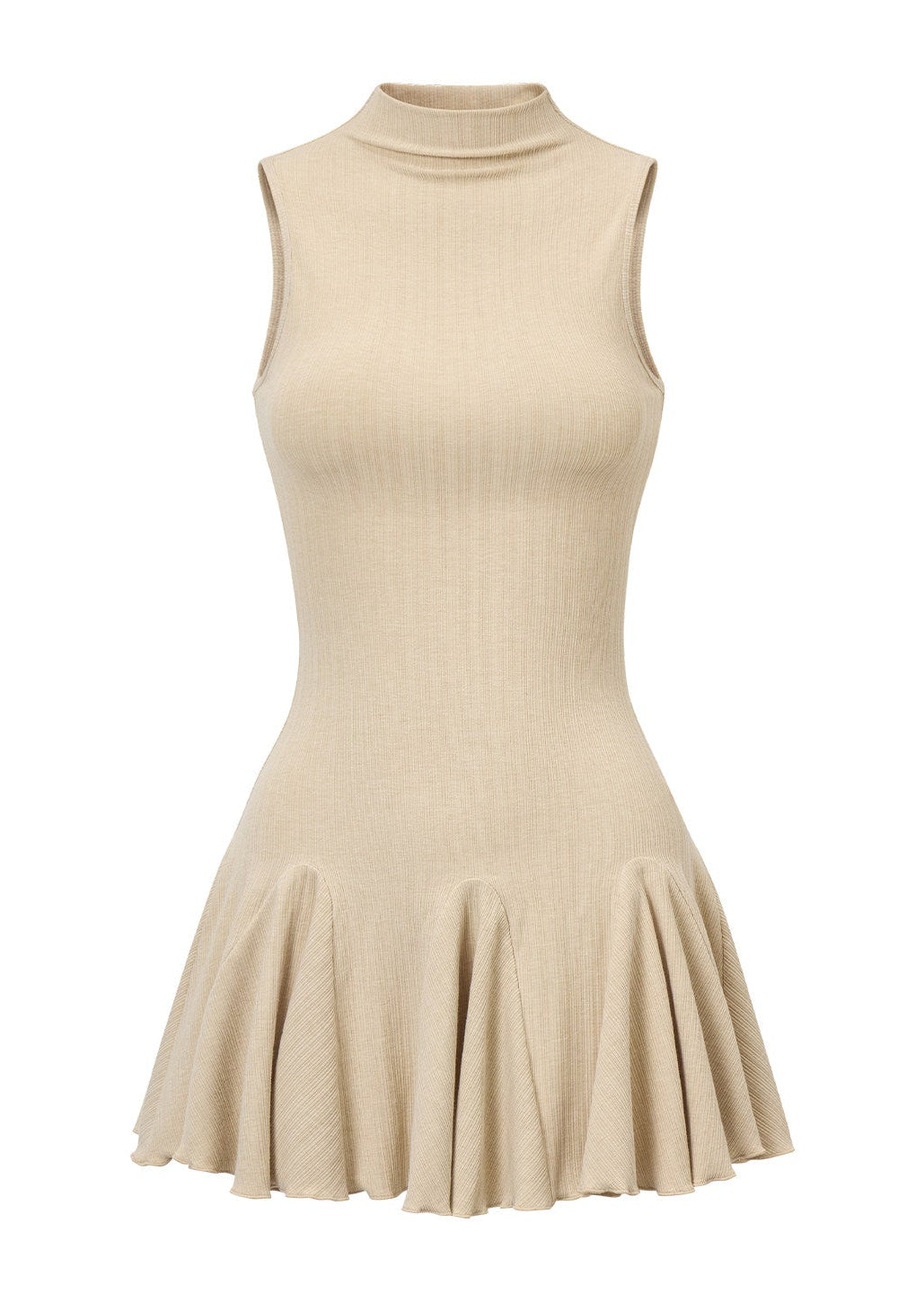 Brown cold-shoulder cardigan layered over a beige flared knit dress