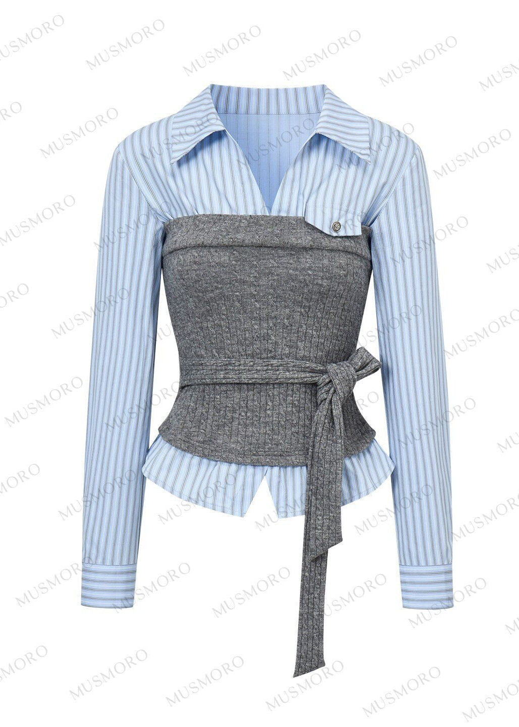 Vintage-inspired striped long sleeve top with waist-defining knit detail