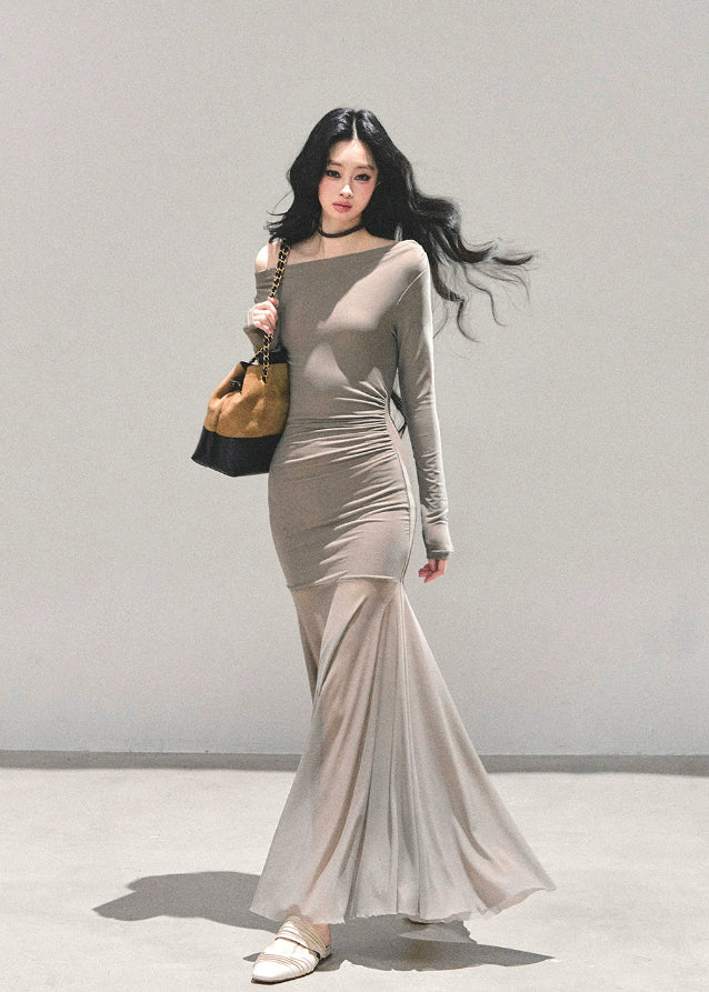 AOMALM dress, slim fit maxi dress, off shoulder long dress, Korean fashion dress, autumn winter dress, ruched bodycon dress, elegant maxi dress, feminine Korean style, cold rich daughter dress, sculpted silhouette dress, long sleeve fitted dress, minimalist chic dress, date night dress, sleek bodycon maxi, women’s contour dress, soft stretch dress, fashion boutique dress, trendy Korean outfits