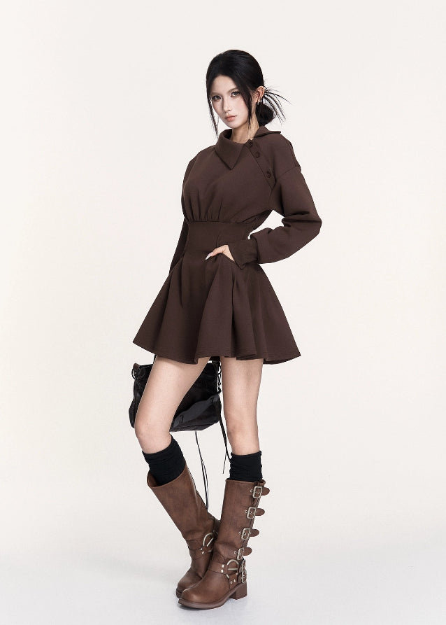 dark off shoulder dress, puffy skirt mini dress, VOCK winter dress, gothic waist slim dress, asymmetrical combat dress, dark femme street style dress, long sleeve off shoulder mini, edgy winter hot girl outfit, structured waist sweatshirt dress, black gothic mini dress, brown dark street dress, punk girl dress, VOCK aesthetic clothing, winter street fashion dress, slim puffy skirt dress, combat chic mini dress