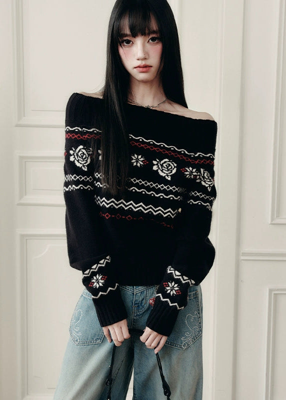 Fragileheart knit sweater, off-shoulder Fair Isle top, rose jacquard knitwear, luxury Korean fashion, Parisian romantic sweater, quiet luxury winter style, pastel noir aesthetic, elegant black knit top, K-fashion 2025, feminine winter outfit, cozy off-shoulder pullover, soft romantic fashion, vintage rose sweater, delicate feminine knit
