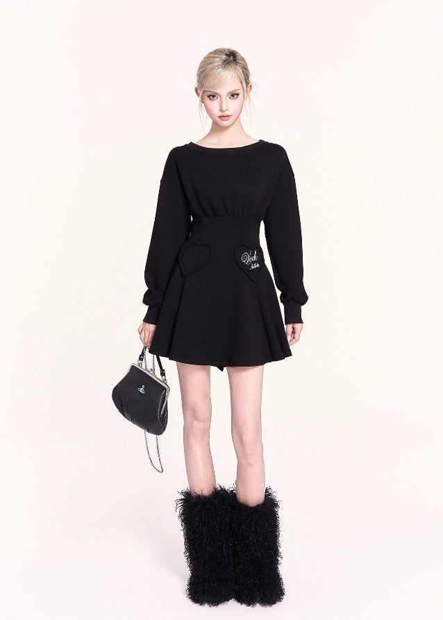 VOCK, y2k dress, Korean style dress, lace-up back dress, corset back mini dress, sweet cool girl outfit, black flare sweatshirt dress, slimming waist dress, winter cute dress, aesthetic mini dress, Korean fashion 2025, street style dress women, soft girl dark outfit, adjustable waist dress, holiday black dress, kawaii dark fashion, trendy sweatshirt dress women