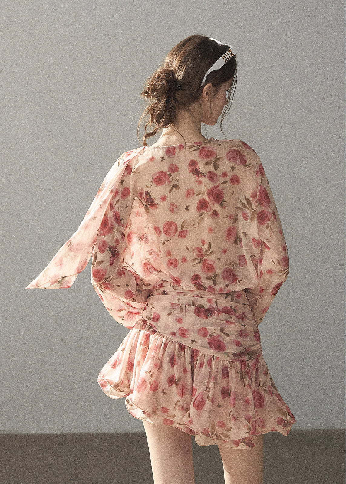 Pink floral chiffon mini dress with long sleeves
