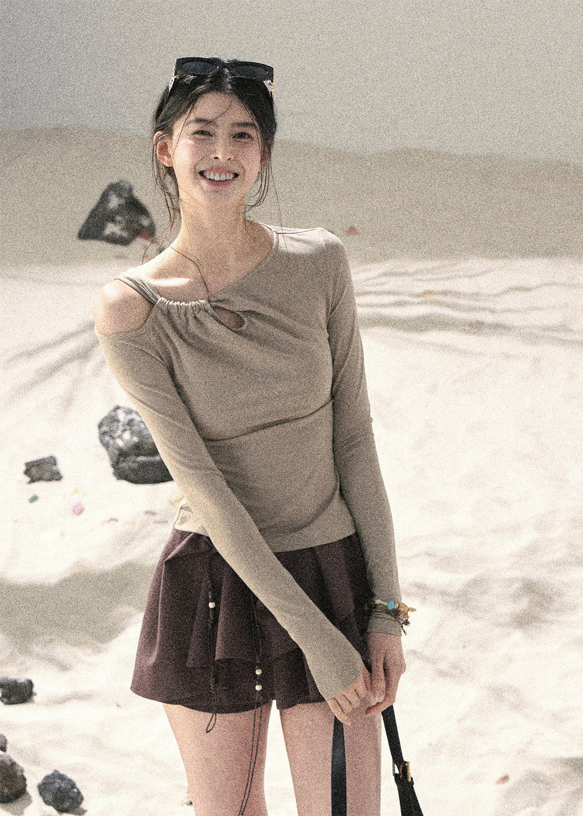 Korean-inspired slim long sleeve top with draped neckline