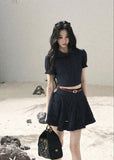 Navy cropped top and pleated mini skirt set