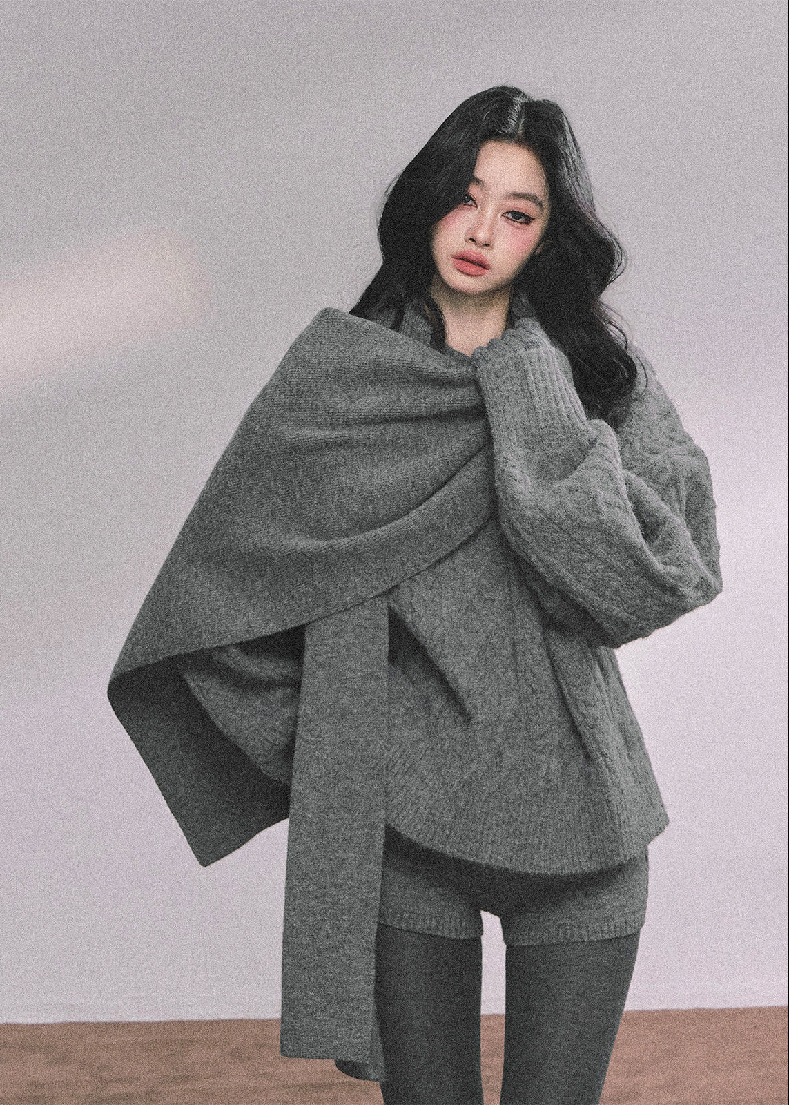 AOMALM knit set, Korean sweater set women, winter knit shorts set, college style knitwear, cable knit sweater women, feminine winter outfit, Korean cozy set, three piece knit set women, soft knit sweater winter, preppy Korean style outfit, winter lounge set women, scarf sweater set, cute winter knitwear, aesthetic Korean fashion, casual winter knit set